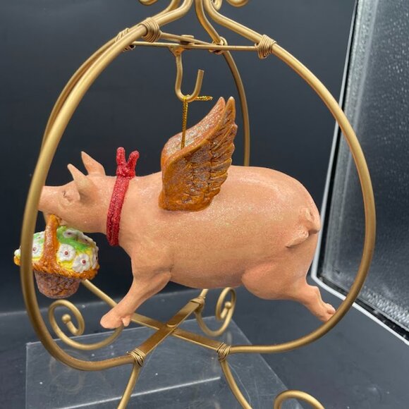 Resin Flying Pig with Flower Basket Glitter Pig Ornament with Display Stand - Picture 4 of 9